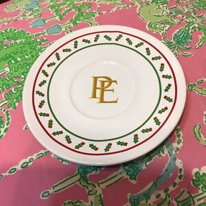 Polar Express Festive White Saucer Plate with Holly and Gold Monogram